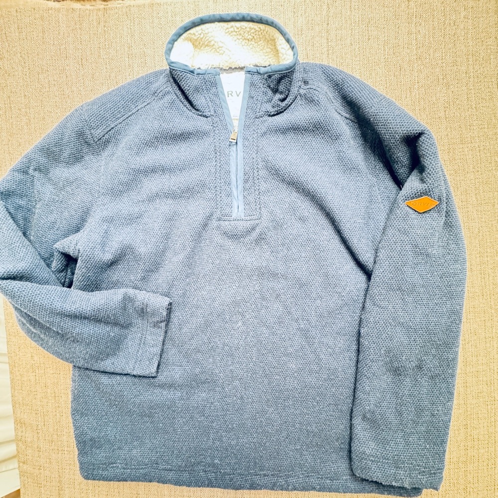 Orvis Mens Blue Textured Quarter Zip Sherpa Lined Fleece Pullover Sweater M